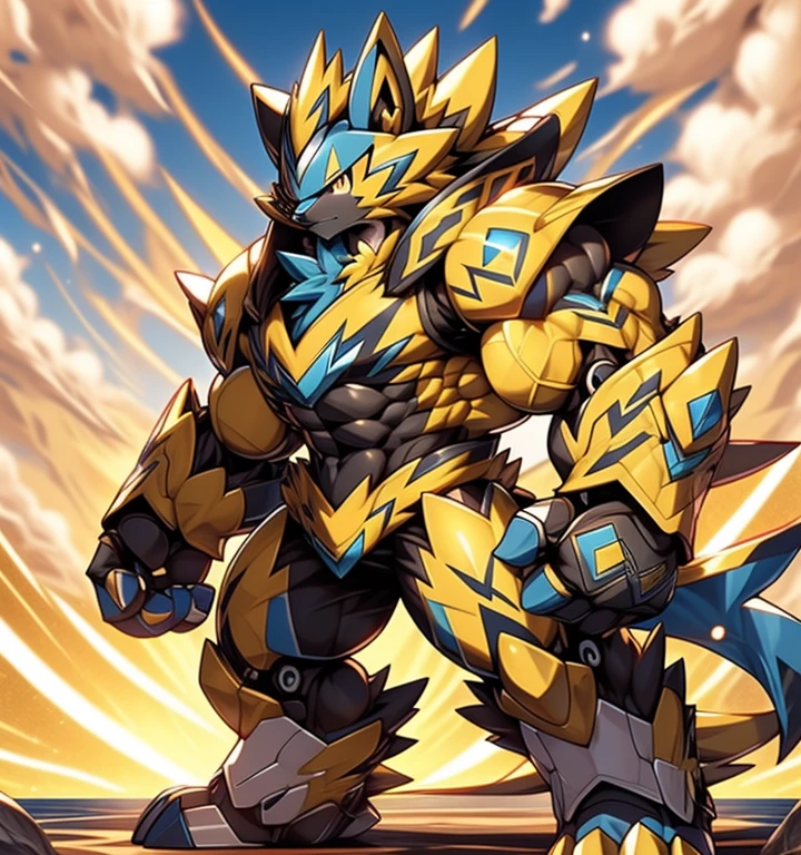 Zeraora's giant robot.
(masterpiece, best quality, detailed:1.2)
(Pokémon)
Powered exoskeleton with the same design as Zeraora
big muscle,
GIANT,
pecs, triceps, traps, waist narrow.
with huge golden laser sword,
body full of huge muscles.
also have a black cloak on my back.
The black cloak is so long that it touches the ground,
showing off muscles,
mechs,
Correct limbs,
detailed full body,
Very muscular,
Large pecs,
Heavyweight,
big bump,
sparkling skin,
Vibrant colors, 4K,
Furry Heroes,
Main is yellow COLOR  (Additional details 4: black color hyper ?????. hyper black penis. big penis)