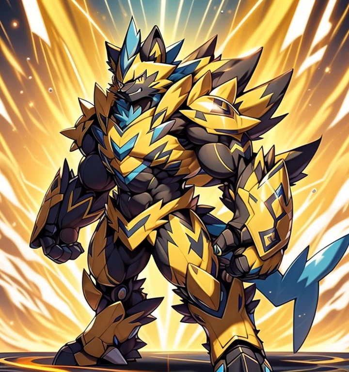 Zeraora's giant robot.
(masterpiece, best quality, detailed:1.2)
(Pokémon)
Powered exoskeleton with the same design as Zeraora
big muscle,
GIANT,
pecs, triceps, traps, waist narrow.
with huge golden laser sword,
body full of huge muscles.
also have a black cloak on my back.
The black cloak is so long that it touches the ground,
showing off muscles,
mechs,
Correct limbs,
detailed full body,
Very muscular,
Large pecs,
Heavyweight,
big bump,
sparkling skin,
Vibrant colors, 4K,
Furry Heroes,
Main is yellow COLOR