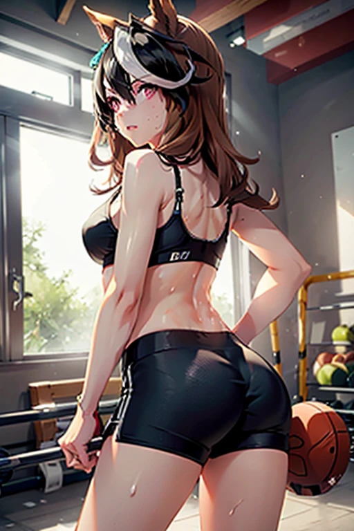 Symboli rudolf  (umamusume) in sexy mini shorts and sports bra, crouched deadlifting with a bar with her back facing a gym mirror, sweating, High Resulution, UHD, detailed image.