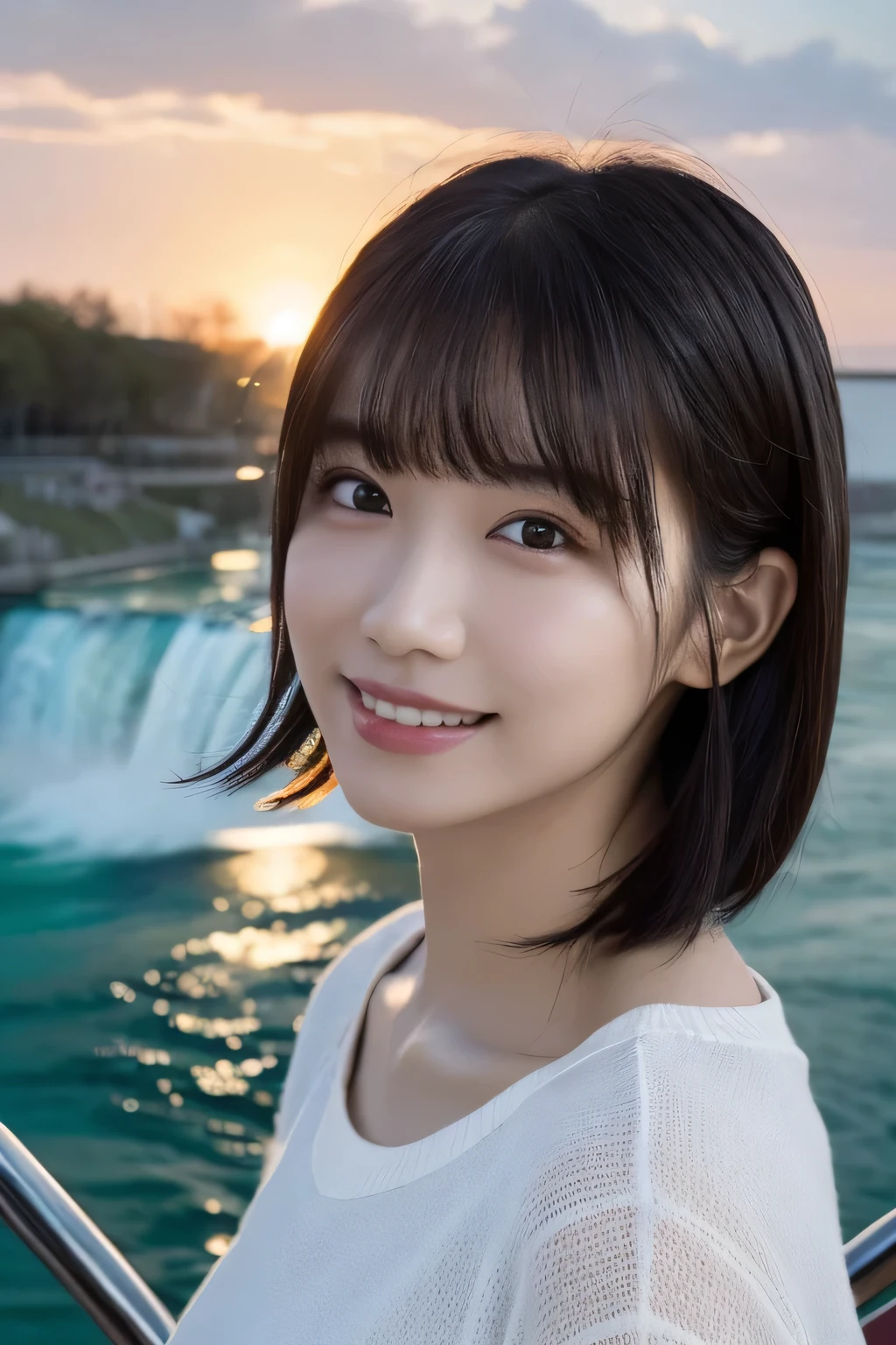 1 girl, (Wear casual clothes in spring:1.2), Very beautiful Japanese idol portraits, 
(RAW Photos, highest quality), (Realistic, Realistic:1.4), (masterpiece), 
Very delicate and beautiful, Very detailed, 2k wallpaper, wonderful, finely, very detailed CG Unity 8k wallpaper, Very detailed, High resolution, Soft Light, 
Beautiful detailed girl, Very detailed目と顔, Beautiful and detailed nose, Finely beautiful eyes, Cinema Lighting, 
(Take a photo in front of Niagara Falls on a sightseeing boat:1.3),
(Medium Hair), (Parted bangs), 
Complete Anatomy, Slender body, Small breasts, smile