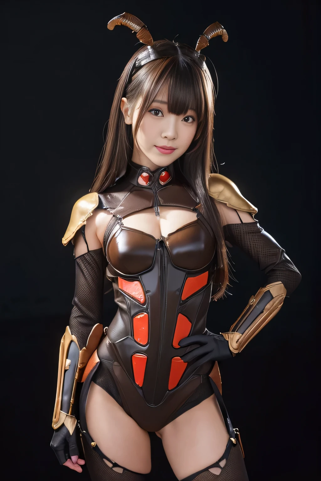 (high resolution,masterpiece,best quality,extremely detailed CG, anime, official art:1.4), realistic, photo, amazing fine details, all intricate, gloss and shiny,awesome many layers, 8k wall paper, 3d, sketch, kawaii, illustration,( solo:1.4), perfect female proportion,villainess, (fusion of dark brown cockroach and lady:1.4), (brown cockroach form lady:1.2), (brown cockroach lady:1.2), (fusion:1.2), (solo:1.4), (evil smile:1.2), muscular, abs, (cockroach brown exoskeleton bio insect suit:1.4), (cockroach brown exoskeleton bio insect armor:1.2), (brown transparency cockroach wing:1.4), (brown cockroach antennae:1.3),