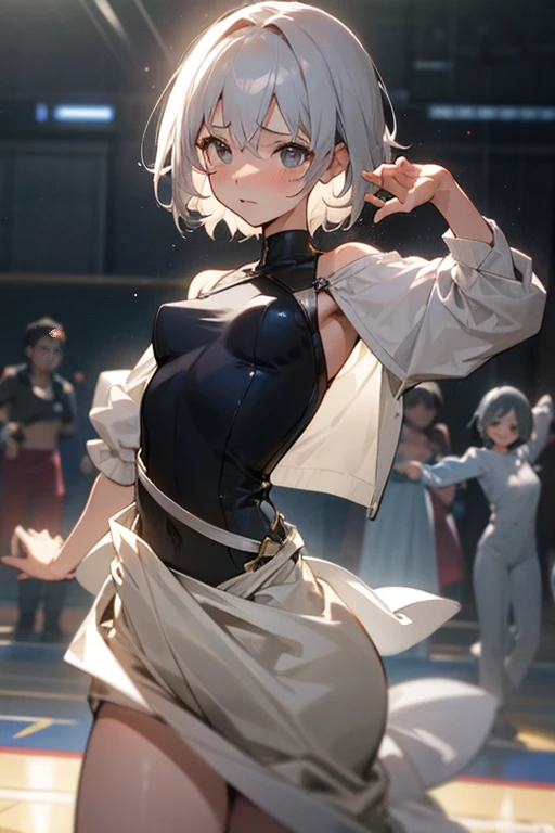 Short gray hair、Embarrassed、Small breasts、Two heads、Hold back hair、Light clothes、Dance Dance Dance、