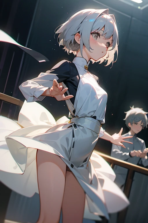 Short gray hair、Embarrassed、Small breasts、Two heads、Hold back hair、Light clothes、Dance Dance Dance、