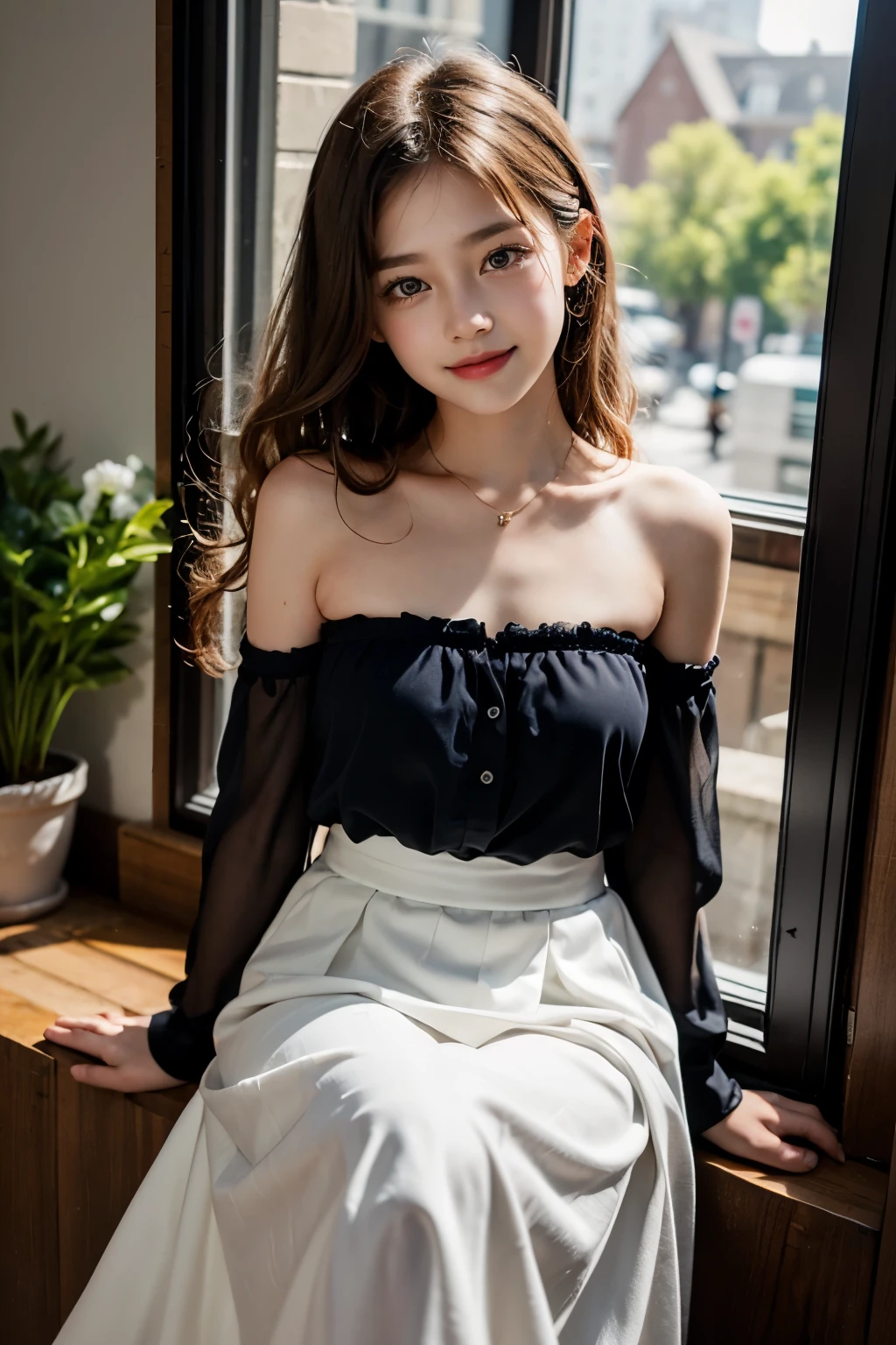 Professional, (4k photos:1.1) 、(()), masutepiece, Best Quality, Beautiful Girl, Curly hair, Long hair, Purple eyes, Strapless blouse, long skirt, Smile of shame, Sitting on the windowsill、