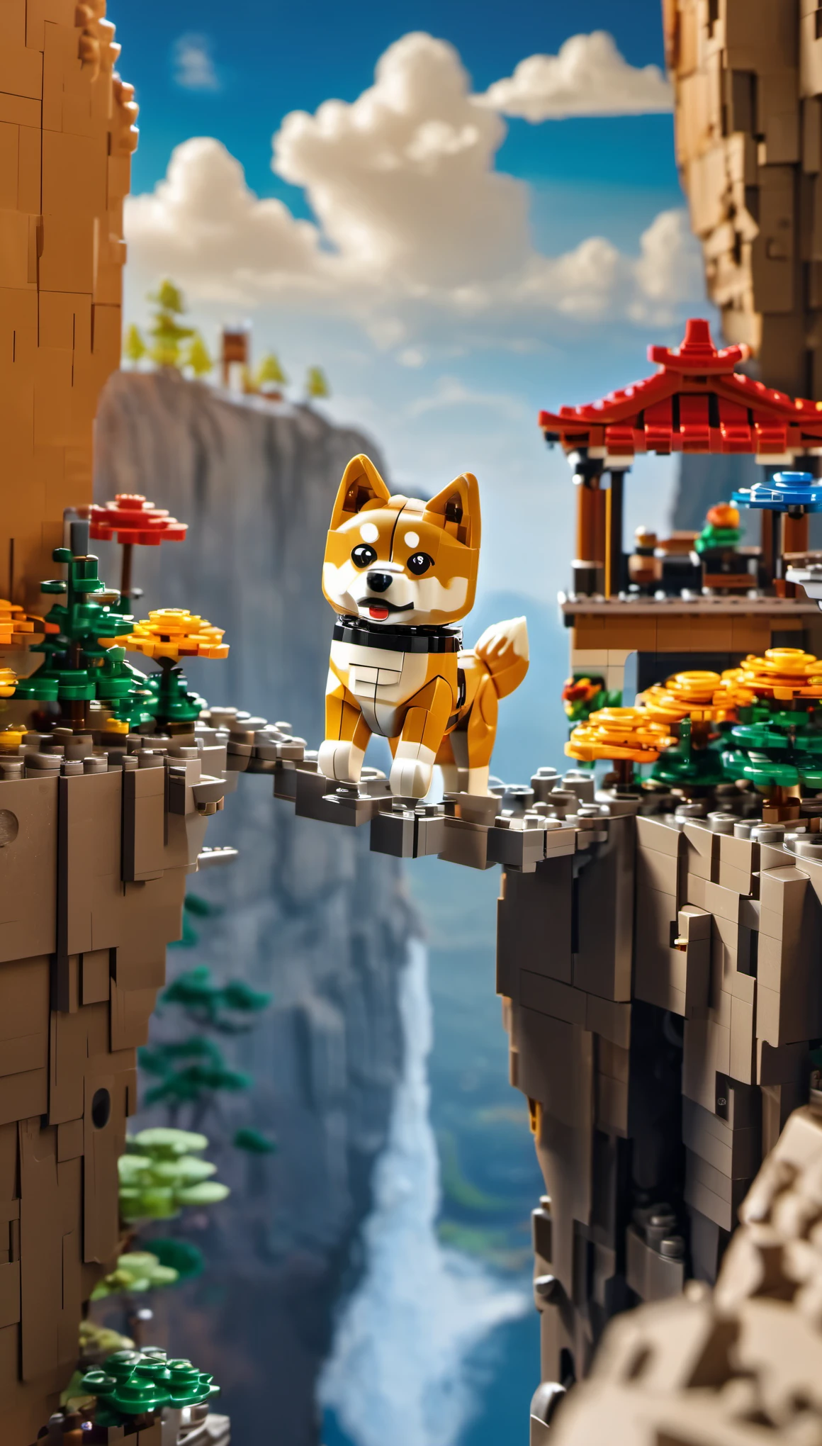 (best quality, high resolution, Shiba Inu Lego floating in the sky,cliff