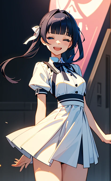 (masterpiece:1.4、top-quality、illustration:1.4,realistic、)、(character focus、breast focus,cowboy shot:1.3)、(1girl),(Open mouth happy smile:1.3),(half closed eyes),cute face,blue eyes、()、
,(stand:1.4),(Shining smile),
,(slender),(idol clothes:1.3),(black middle hair:1.6,blunt bangs,),(hair ribbon1.3), (medium breasts:1.3)、stage
、slender、