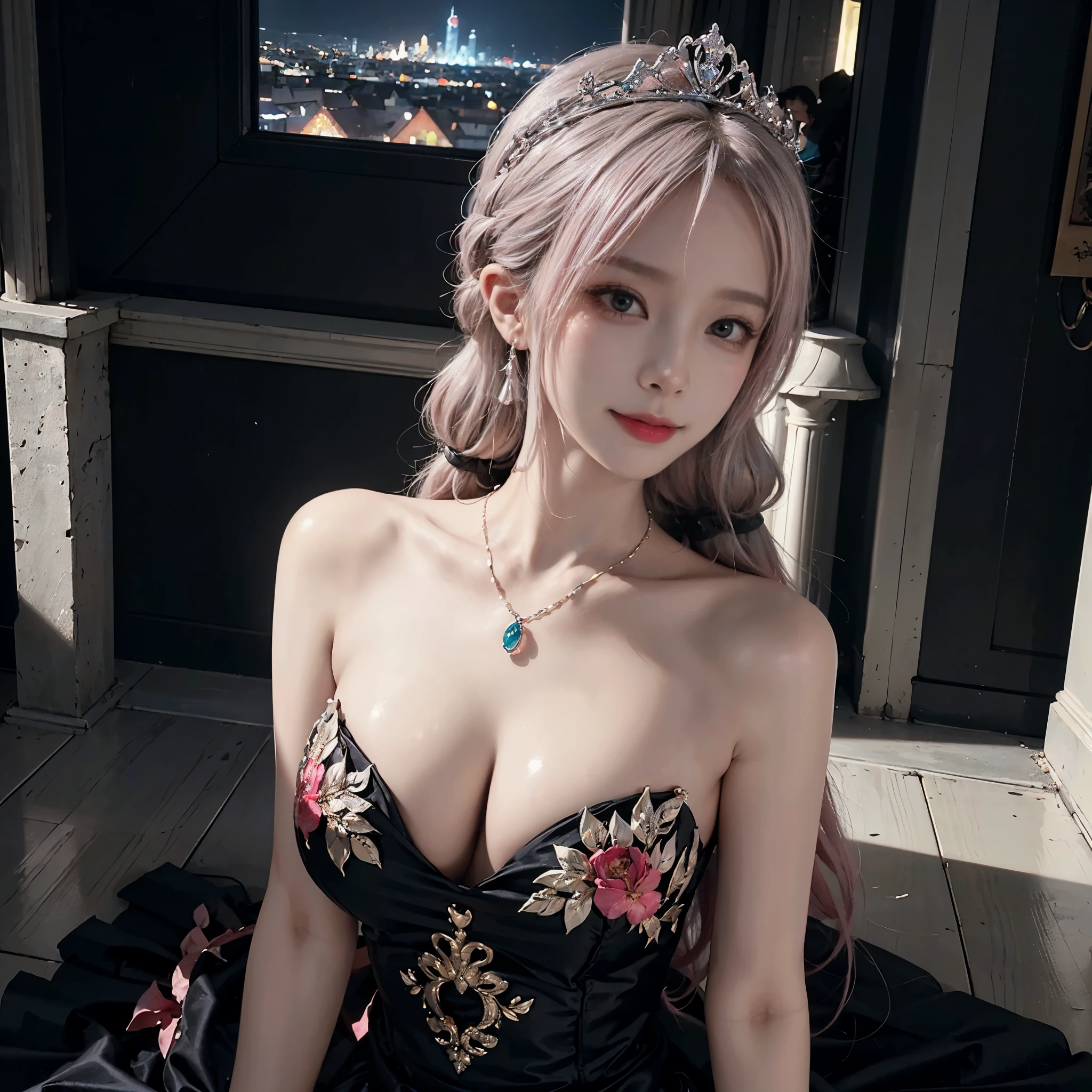 (1 Sexy Woman, Solo, Pink Hair, Twintails, Black Princess Dress, frilled dress, highly detailed glamour photo of rpgroyalty, Crown, Jewelry, Tiara, Elegant, Sitting:1.4), (Detailed Eyes, Glossy Lip, Smile, Cleavage:1.5), (Cowboy Shot, From Below:1.3), (Medieval cityscape, Sunlight, depth of field:1.8), ((anatomically correct)), (Futuristic Portrait), (Extreme-Close-Up:1.5), Smile, Rim Lighting, Cinematic Light, Earrings, necklace, Look at viewer, no futuro telhado de luz neon, SSCI - FI e Fantasia, intrincado e muito bonito e elegante, altamente detalhado, pintura digital, art-station, arte conceitual, smooth and sharp focus, illustration, Arte de Tan Zi e Ayanamikodon e Alphonse Mucha e Wlop