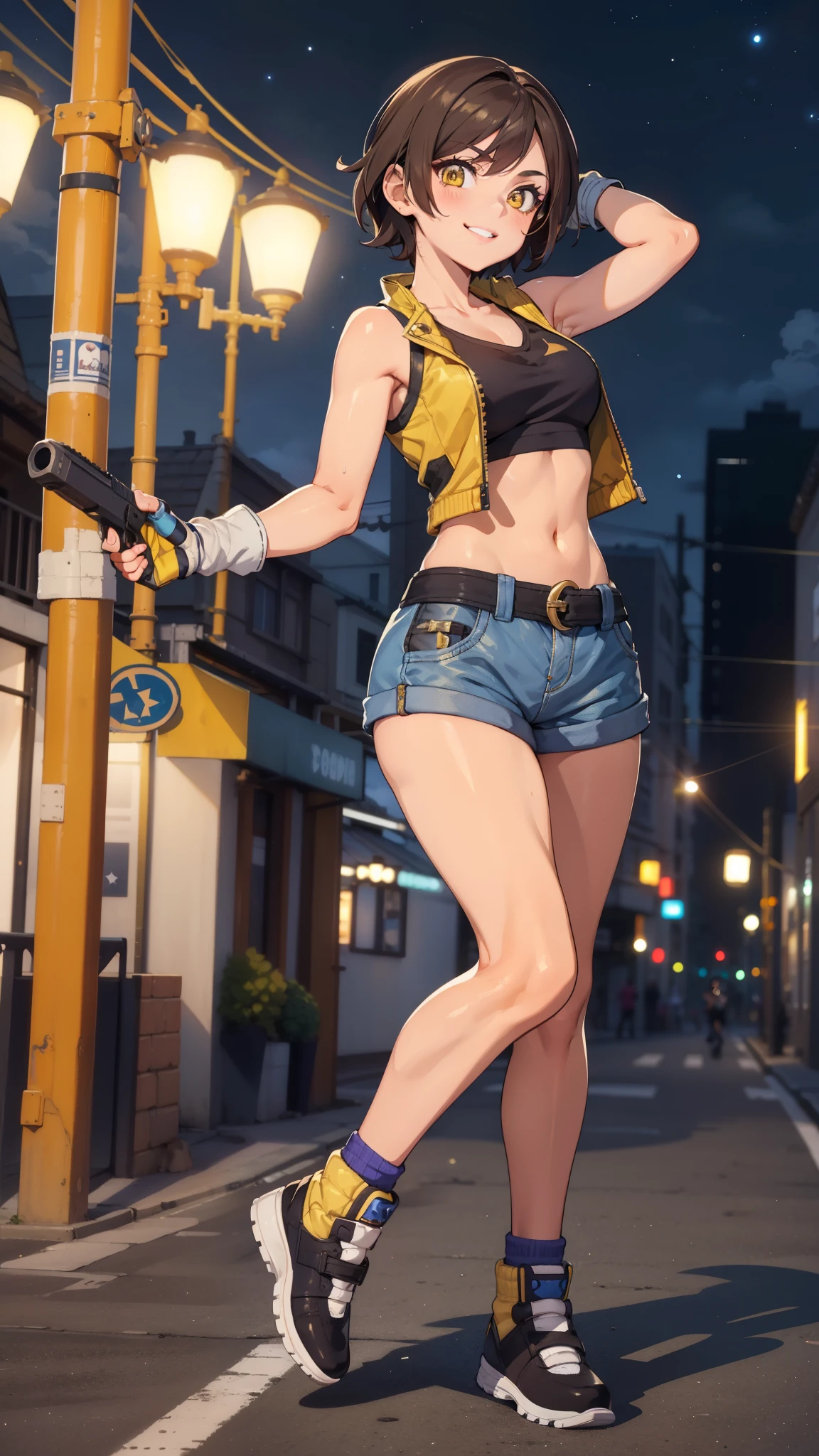 street dancer,  short hair, brown hair, yellow glowing eyes, perfect lips,big smile , confident smile,cute expression, cute face, cute pose, fingerless gloves, gun, tank top, jacket, cute pose, ultra detailed face, long eyelashes, sharp eyes , Fullbody shot, dinamic viewer, night sky 