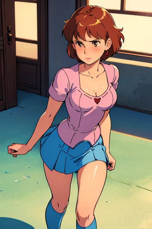 (masterpiece, highest quality, High resolution, 8k, Realistic), High School Girl Nausicaa, very cute, Sad expression, beautiful girl, Pure, , blush, alone, Brown Hair, short hair, Red Gem Earrings, Puzzled, Secret Feelings, Moist eyes, (Looking at the audience), Cleavage, Beautiful breasts, (High School Girl Uniform, mini skirt,Knee-high socks), Perfect beauty, Slim body, Luxury hotel suites, (Perfectly detailed anatomy, Beautiful and elaborate face&eye:1.5, Shiny skin, Perfect body)、T-back underwear、As I turned around, I want to see the whole body