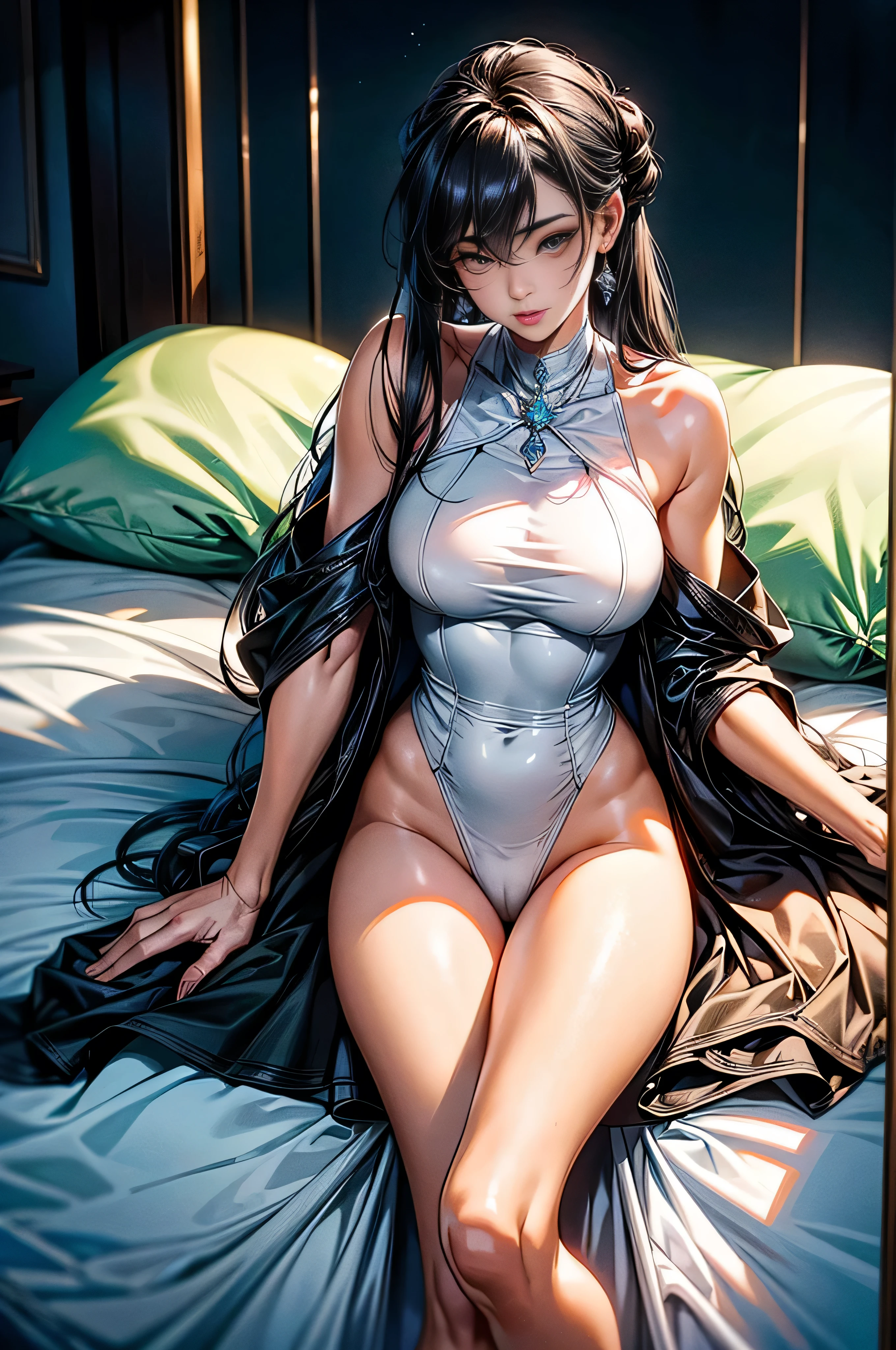 highest quality、Photo quality、Precise depiction、anatomically correct limb position and orientation for humans、Structurally correct number of limbs in humans、The correct number of fingers for human anatomy、There are five fingers on each limb.、Structurally correct limb length for humans、Structurally correct limb thickness for humans、Structurally correct human joints、Structurally correct number of human fingers、Architecturally correct geometry for the human knee and ankle、Beautiful and logical hip joint shape、There are two pairs of limbs on the left and right、American film actress、Ultra-detailed face、Detailed eyes、double eyelid、Long black hair beauty、Eyebrows the same color as your hair、Luxurious bedroom with city view、Sleeping in a pure white bed、No underwear、Beautifully long legs、Wide-open crotches、Spread your knees wide to the left and right、Show off your inner thighs、Very large breasts、You can see the color and shape of the tip of the breast. 、You can see the color and shape of the areola、I see a lot of pubic hair、The entire chest is visible、Exposed genitals、Narrow waist、Exposed Nudity、The spread genitals、Very beautiful and smooth skin