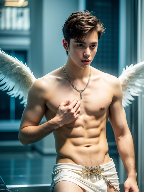 (Masterpiece: 1.3), (Best Quality: 1.2), 8K, gay erotic photograph, (Very Detail: 1.3), Best, (1 Boy: 1.2), not muscular, 18 year old shirtless twink boy model, wearing speedos, Masterpiece, Best Quality, Raw Photography, Photorealistic skinny angel with black wings, ((shirtless)), very short undercut hairstyle, (best quality: 1.5), (Masterpiece: 1.5), (very high detailed: 1.4), (beautiful boy: 1.5), 1boy, very beautiful white boy, ((19 years old)), ((full-length)), light blonde hair, big blue eyes, seductive eyes, bright, red blush, (shy face: 1.4), shell necklace, white shirt, (short skirt: 1.5), ((smooth face)),