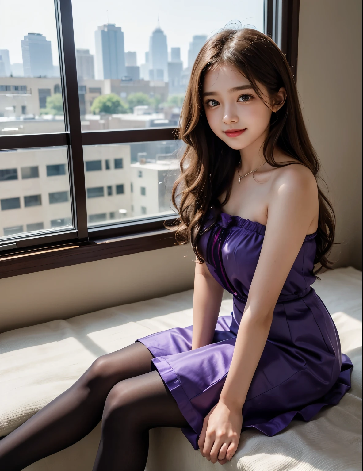 Professional, (4k photos:1.1) 、((preteen)), masutepiece, Best Quality, Beautiful Girl, Curly hair, Long hair, Purple eyes, Strapless blouse, long  skirt,Wear ultra-realistic pantyhose、 Smile of shame, Sitting on the windowsill、full body Esbian、