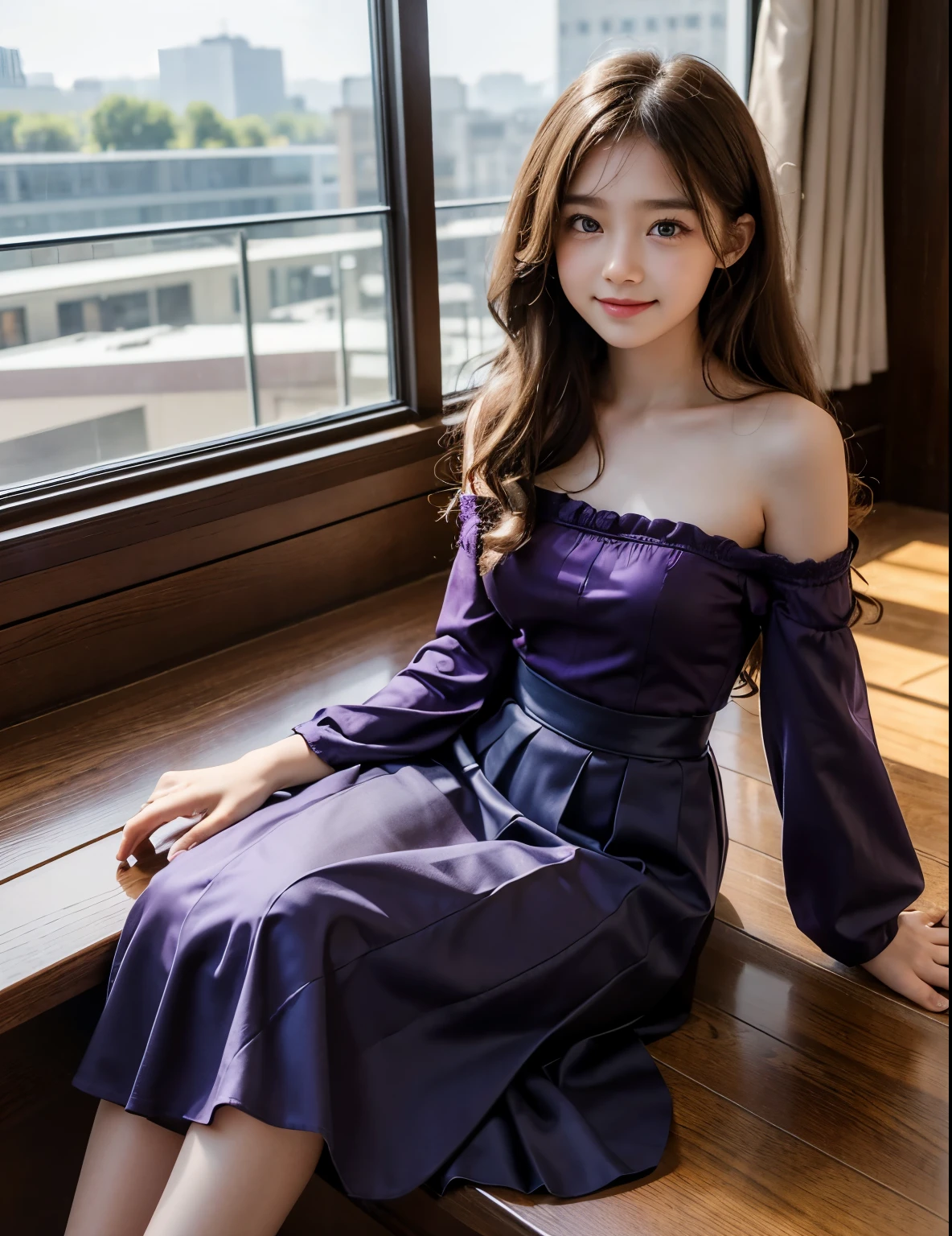 Professional, (4k photos:1.1) 、((preteen)), masutepiece, Best Quality, Beautiful Girl, Curly hair, Long hair, Purple eyes, Strapless blouse, long  skirt, Smile of shame, Sitting on the windowsill、