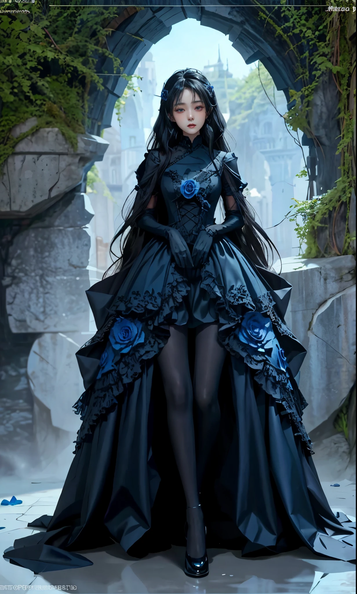 woman in black dress, Cute girl in a beautiful dress, Beautiful full body concept art, Beautiful and charming woman, Woman full body art, guweiz, beautiful woman, Digital art on pixiv, Full body illustration, Kushat Krenz Key Art Women, full body xianxia, Delicate face Gorgeous face Delicate face, Blue Rose Theme , Blue rose petals