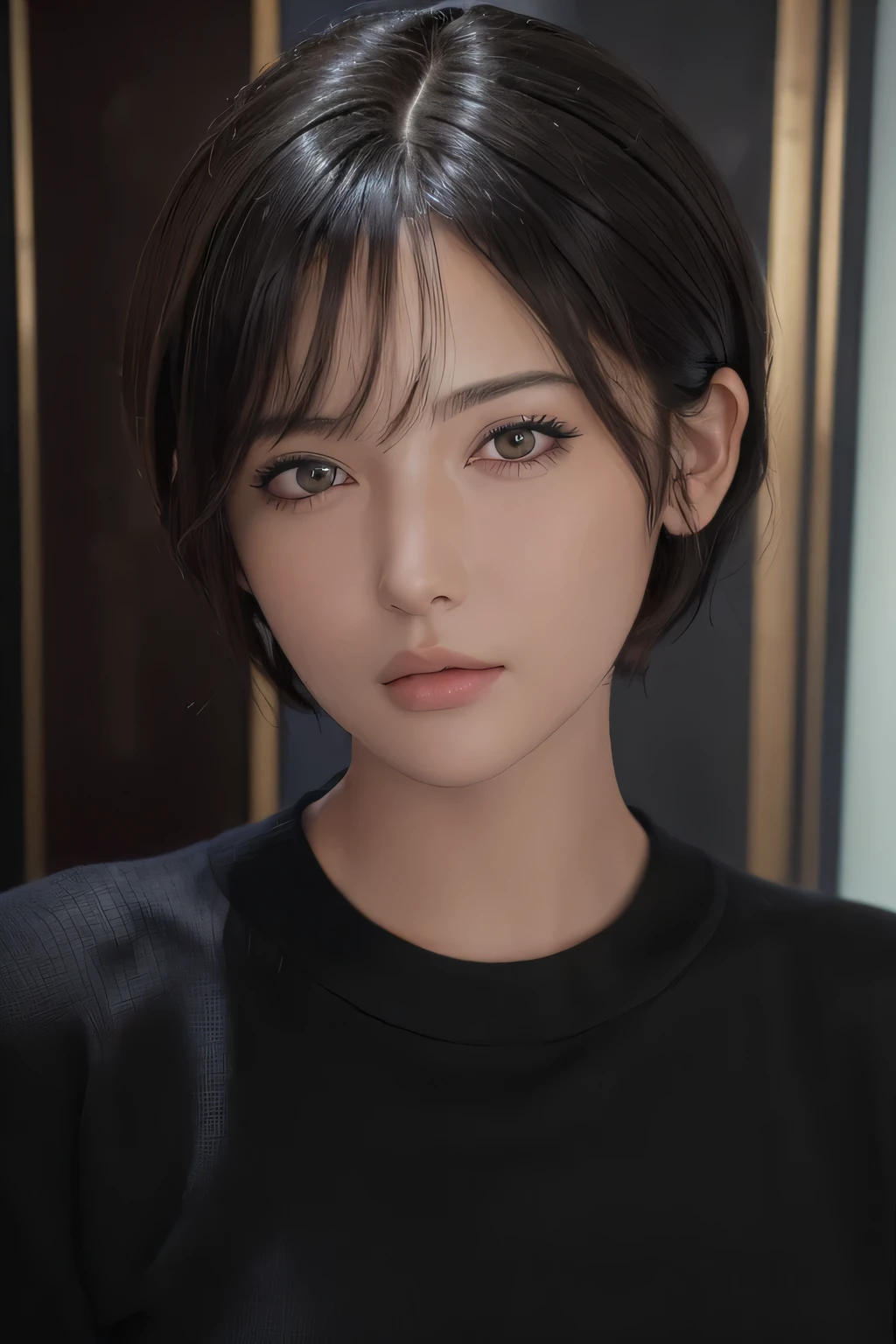 (masterpiece:1.3), (8k, photorealistic, RAW photo, best quality: 1.4), (1girl), beautiful face, (realistic face), (black hair, short hair:1.3), beautiful hairstyle, realistic eyes, beautiful detailed eyes, (realistic skin), beautiful skin, (sweater), absurdres, attractive, ultra high res, ultra realistic, highly detailed, golden ratio