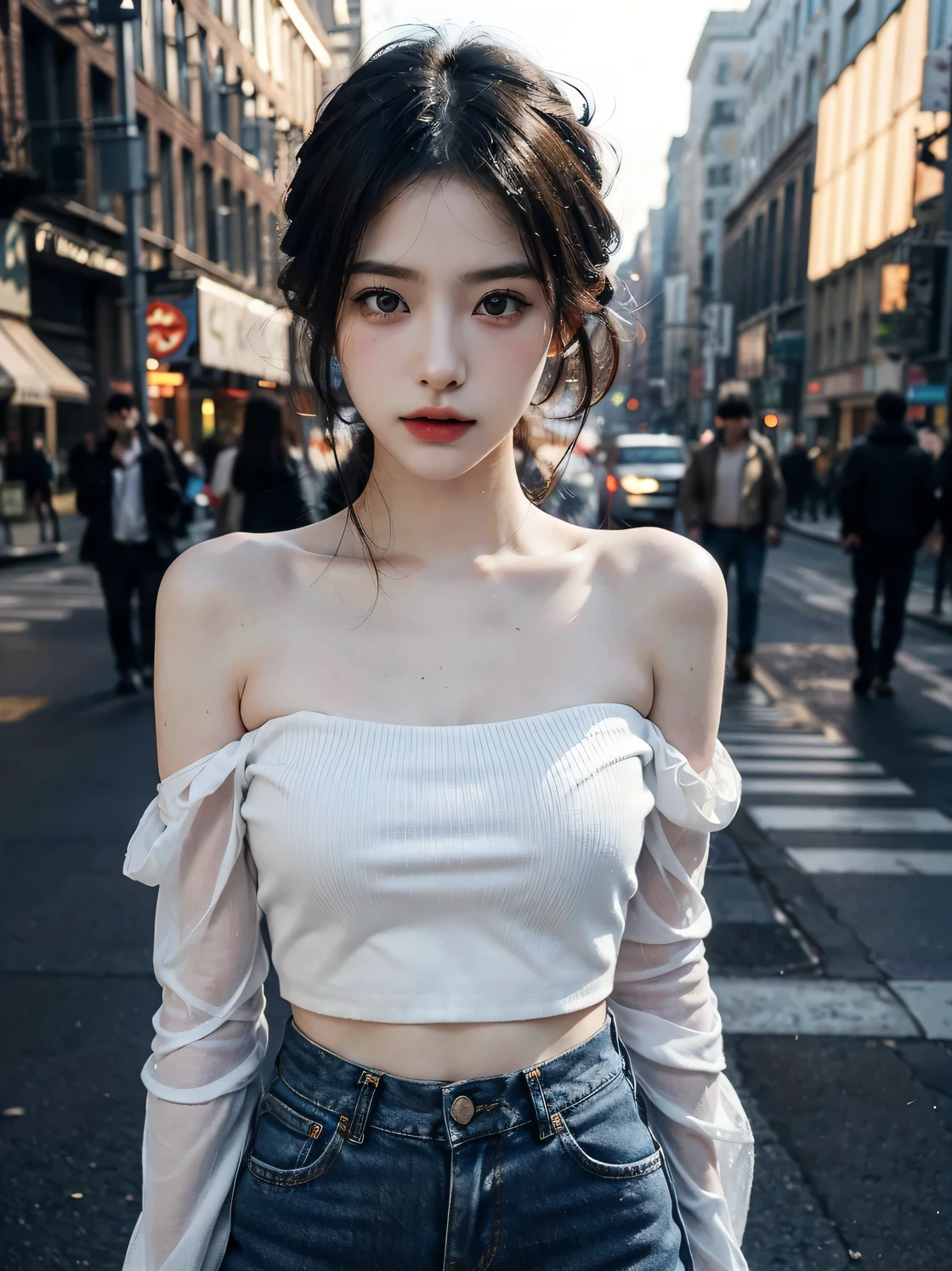 1girl, (looking at viewer:1.2), detail face, (a girl standing, rending on cgsociety, black shadows, streaming, new york backdrop), romanticism, atmospheric, (RAW photo, best quality), (realistic, photo-realistic:1.3), masterpiece, an extremely delicate and beautiful, extremely detailed, Translucent white tube top1.5,Extra short denim skirt 1.5