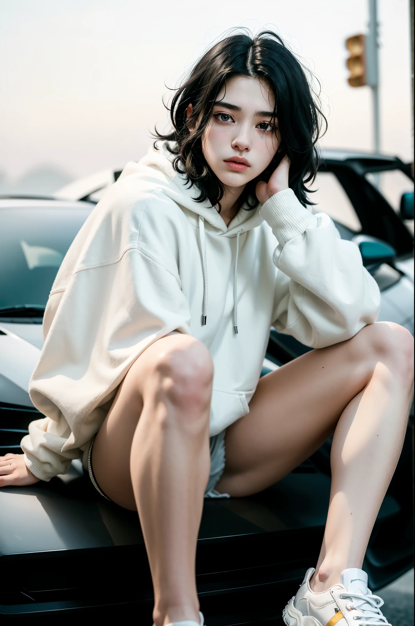 1 Girl, Solitary, White Hoodie, Black trousers, White shoes, Front of Lamborghini, street, White skin, 18 years old, Improper sitting posture, Multi-colored hair, black eyes, frown, Delicate face, Delicate eyes, Eye level shooting, Divine Light, glowing light, Modern, 85 mm, Nikon, Super Detail, textured skin, Anatomically correct, high resolution, best quality, 8k, masterpiece