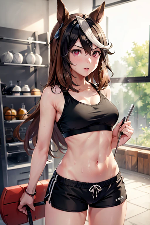 Symboli rudolf  (umamusume) in sexy mini shorts and sports bra, crouched deadlifting with a bar with her back facing a gym mirror, sweating, High Resulution, UHD, detailed image.