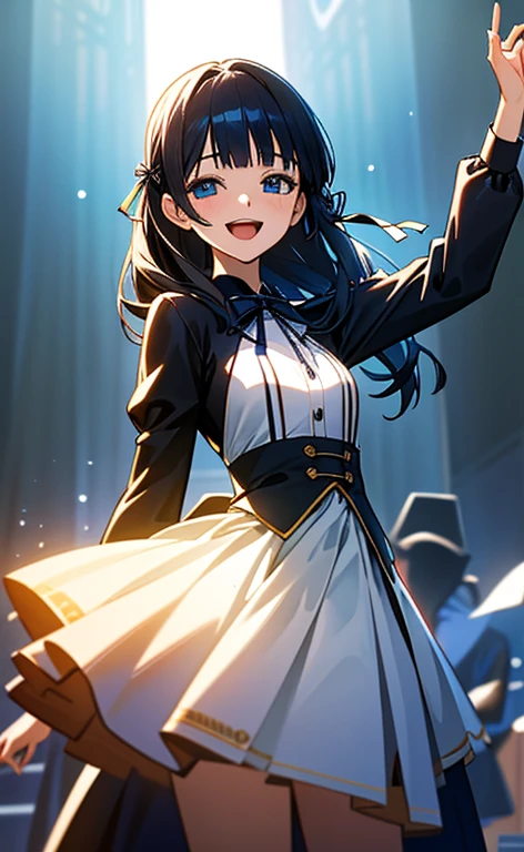 (masterpiece:1.4、top-quality、illustration:1.4,realistic、)、(character focus、breast focus,cowboy shot:1.3)、(1girl),(Open mouth happy smile:1.3),(half closed eyes),cute face,blue eyes、()、
,(stand:1.4),(Shining smile),
,(slender),(idol clothes:1.3),(black middle hair:1.6,blunt bangs,),(hair ribbon1.3), (medium breasts:1.3)、stage
、slender、