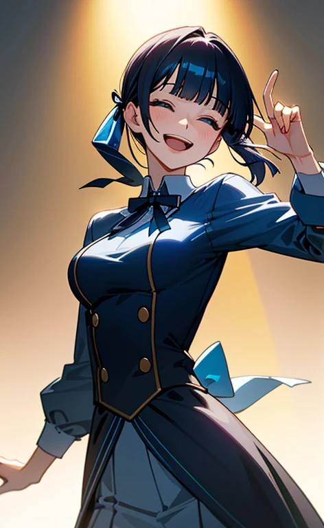 (masterpiece:1.4、top-quality、illustration:1.4,realistic、)、(character focus、breast focus,cowboy shot:1.3)、(1girl),(Open mouth happy smile:1.3),(half closed eyes),cute face,blue eyes、()、
,(stand:1.4),(Shining smile),
,(slender),(idol clothes:1.3),(black middle hair:1.6,blunt bangs,),(hair ribbon1.3), (medium breasts:1.3)、stage
、slender、