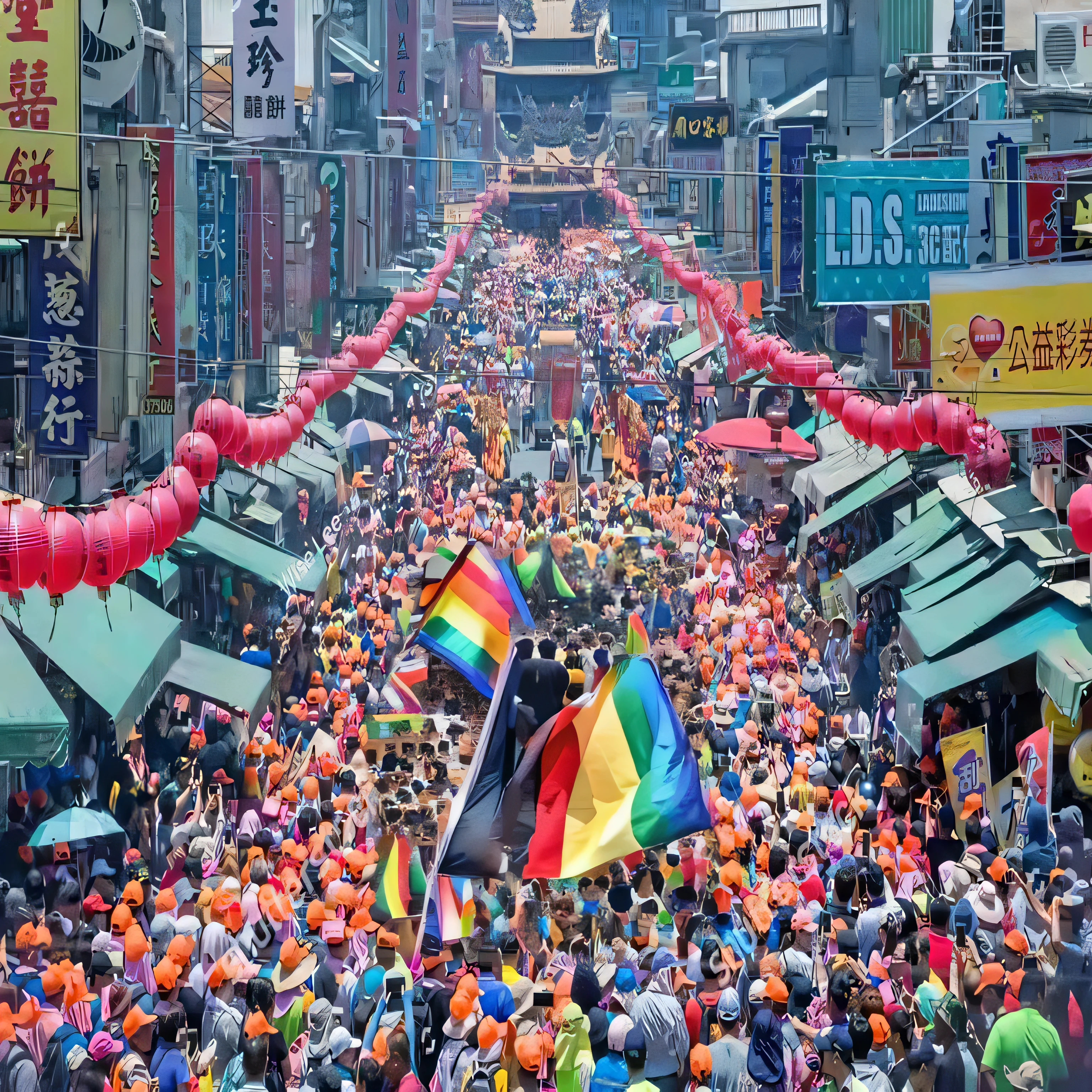 Taiwan, gay parade, Rainbow flag, bird's eye view, big flag