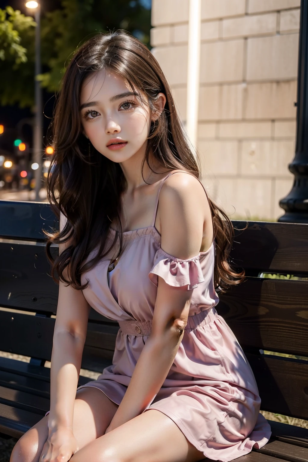 Girl with curly hair, shoulder-length hair, dark brown hair, 3B Hair, Light brown eyes, Pink dress, About 16 years, In a city park, nigh sky, Sitting on a square bench ,Blue and purple shades, Neon lighting, cool color ,Image, 4K, High quality, highest details, Face photo, Only one person is in the photo