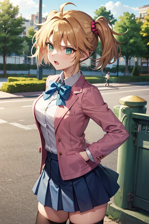 masterpiece, best quality, highres, 1girl, solo, aamazaki, (antenna hair:1.2), medium breasts, blue bowtie, pink jacket, blazer, long sleeves, blue skirt, pleated skirt, rebeccahawkins, green eyes, blonde hair, short hair, ahoge, bangs, twintails, hair bobbles, , sailor collar, blue jacket, blue skirt, short skirt, zettai ryouiki, angry, fighting him self, cowboy shot, outdoors, forest 