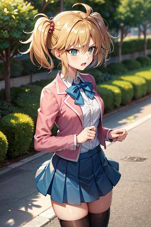 masterpiece, best quality, highres, 1girl, solo, aamazaki, (antenna hair:1.2), medium breasts, blue bowtie, pink jacket, blazer, long sleeves, blue skirt, pleated skirt, rebeccahawkins, green eyes, blonde hair, short hair, ahoge, bangs, twintails, hair bobbles, , sailor collar, blue jacket, blue skirt, short skirt, zettai ryouiki, angry, fighting him self, cowboy shot, outdoors, forest 