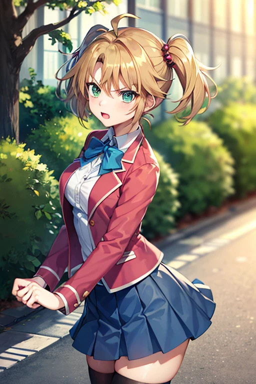 masterpiece, best quality, highres, 1girl, solo, aamazaki, (antenna hair:1.2), medium breasts, blue bowtie, pink jacket, blazer, long sleeves, blue skirt, pleated skirt, rebeccahawkins, green eyes, blonde hair, short hair, ahoge, bangs, twintails, hair bobbles, , sailor collar, blue jacket, blue skirt, short skirt, zettai ryouiki, angry, fighting him self, cowboy shot, outdoors, forest 