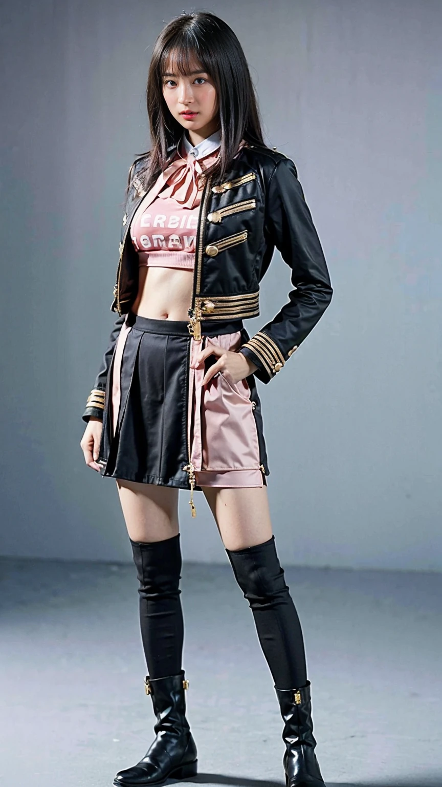 (8k、RAW Photos、highest quality、masterpiece:1.2)、(Realistic、Realistic)、1 girl、((Magical Girl Costume、See-through、Anime Cosplay、Long Hair、Pink and black miniskirt、Cute Costumes、Belly button、boots、Large Breasts、View from the front、Standing with hands on hips))、Lots of eyelashes、Glowing eyelids、skeletally correct