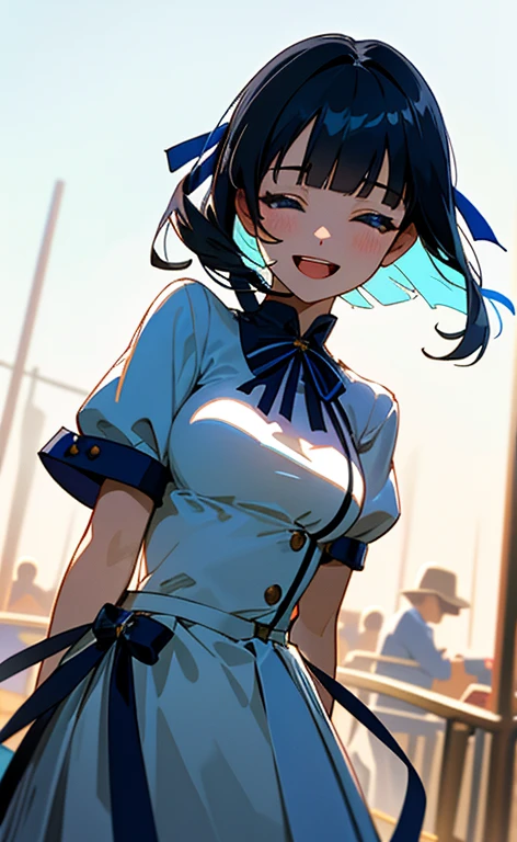 (masterpiece:1.4、top-quality、illustration:1.4,realistic、)、(character focus、breast focus,cowboy shot:1.3)、(1girl),(Open mouth happy smile:1.3),(half closed eyes),cute face,blue eyes、()、
,(stand:1.4),(Shining smile),
,(slender),(idol clothes:1.3),(black middle hair:1.6,blunt bangs,),(hair ribbon1.3), (medium breasts:1.3)、stage
、slender、
