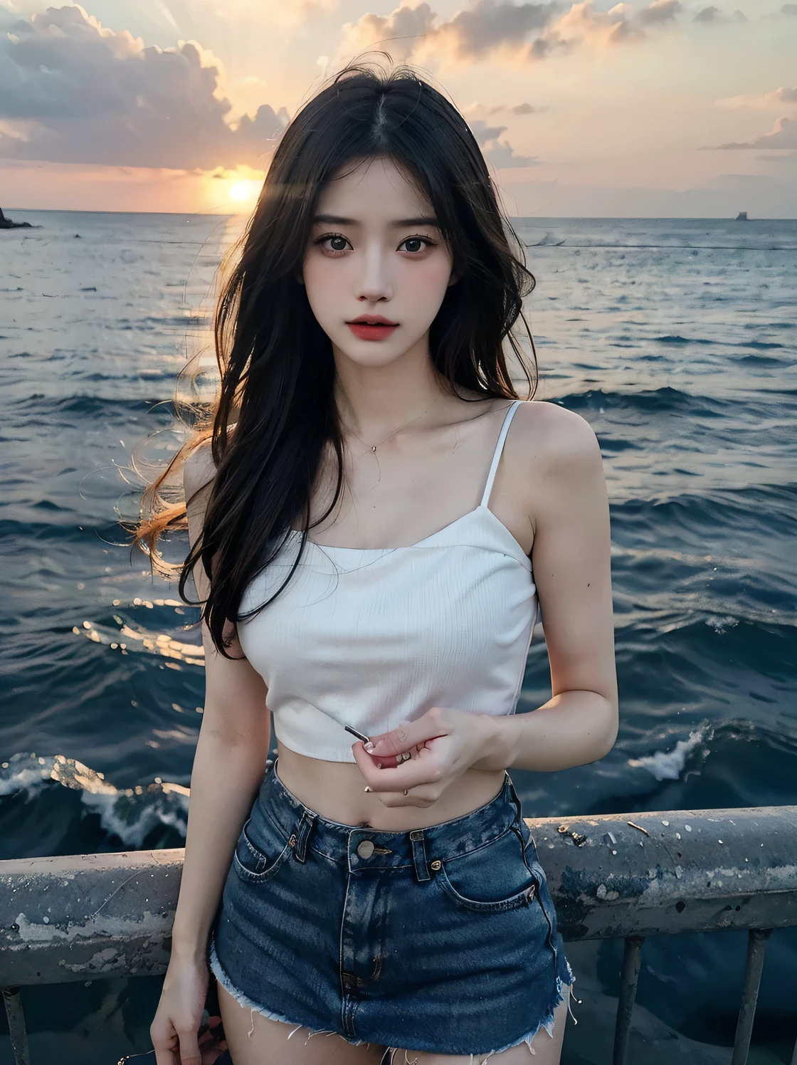 1 Girl,Beach,Soft Light,Chinese Beauty,Tube Top,Short skirt,Dark-haired,long hair