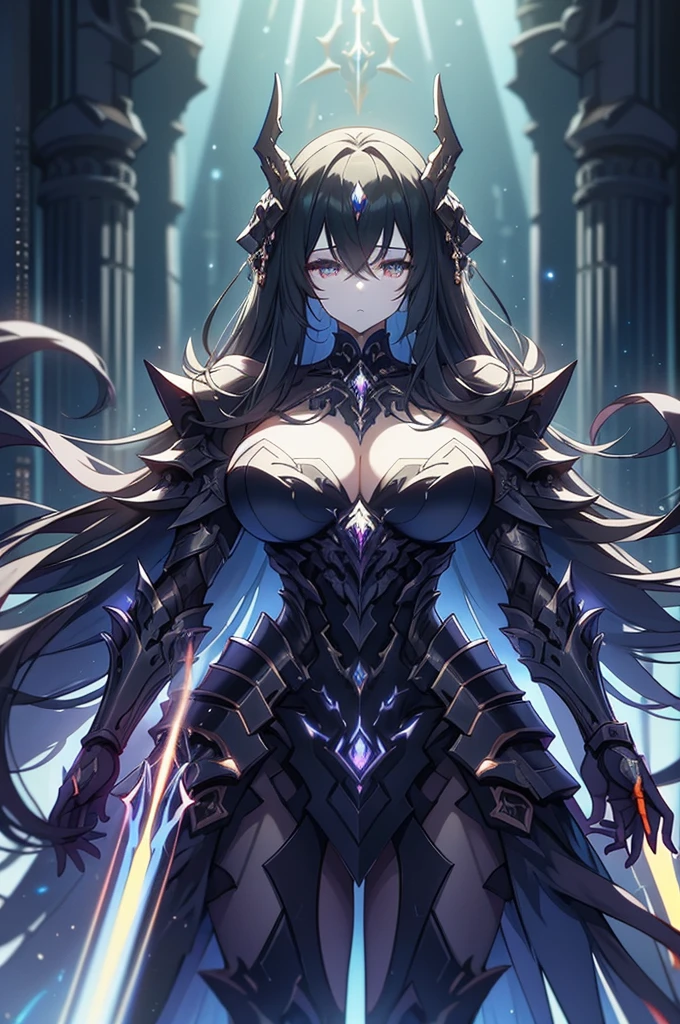Within the stygian depths of a mythological starship hangar in a digital anime, an imposing figure looms. This digital painting captures a towering, shadowy being, covered in intricate metallic armor that gleams with an ethereal luminescence. The figure's eyes glow with an otherworldly intensity, and its outstretched hands crackle with dark energy. The image is beautifully rendered with rich, deep colors and intricate details, drawing the viewer into a realm of futuristic wonder and mystery.