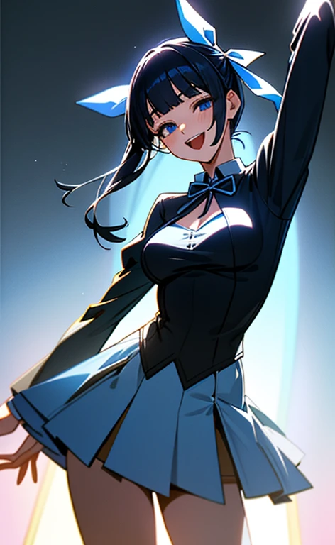 (masterpiece:1.4、top-quality、illustration:1.4,realistic、)、(character focus、breast focus,cowboy shot:1.3)、(1girl),(Open mouth happy smile:1.3),(half closed eyes),cute face,blue eyes、()、
,(stand:1.4),(Shining smile),
,(slender),(idol clothes:1.3),(black middle hair:1.6,blunt bangs,),(hair ribbon1.3), (medium breasts:1.3)、stage
、slender、