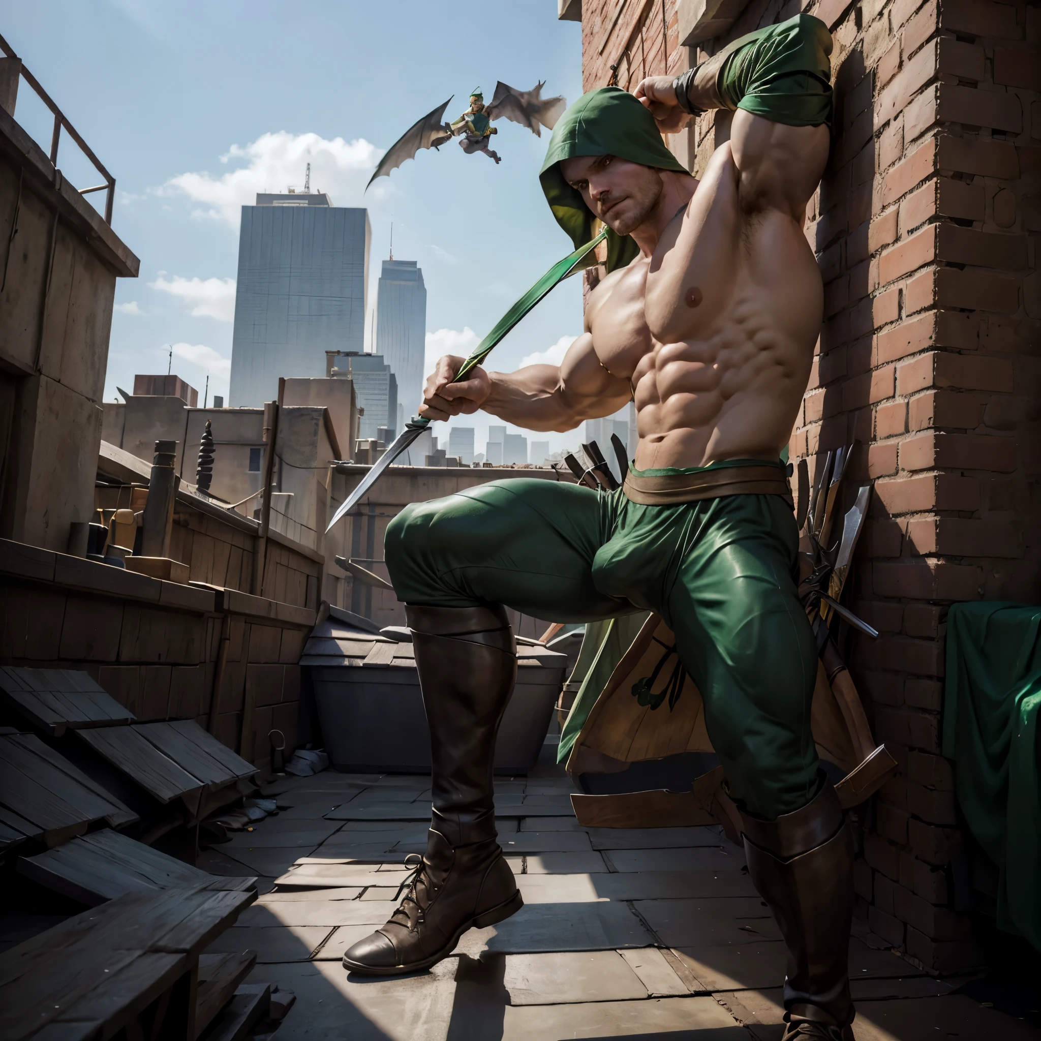 Stephen AMELL as green arrow holding in his right hand a sword  and his left a quiver and a bow , beautiful outfit , showing his muscles and bulge , complete body view , background city in the afternoon on a building roof ,volumetric light , in action , jumping from roof to roof 