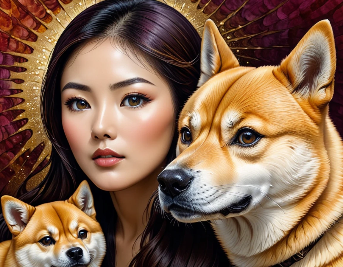 A woman gazing into the penetrating eyes of a Shiba Inu dog, bare details of the surroundings highlighting the optical illusion artistry, mastered by the skilled hand of Octavio Ocampo, stunningly capturing the shiba's curious tilt of the head, eyes that appear to be observing the woman as intently as she is the dog, Immersed in a spectral show of alcohol ink, imbued with an aura of unexplainable, digital render, High Resolution, High Quality, Masterpiece