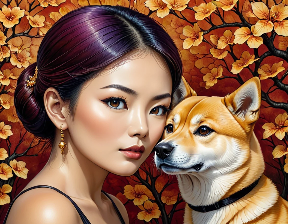 A woman gazing into the penetrating eyes of a Shiba Inu dog, bare details of the surroundings highlighting the optical illusion artistry, mastered by the skilled hand of Octavio Ocampo, stunningly capturing the shiba's curious tilt of the head, eyes that appear to be observing the woman as intently as she is the dog, Immersed in a spectral show of alcohol ink, imbued with an aura of unexplainable, digital render, High Resolution, High Quality, Masterpiece