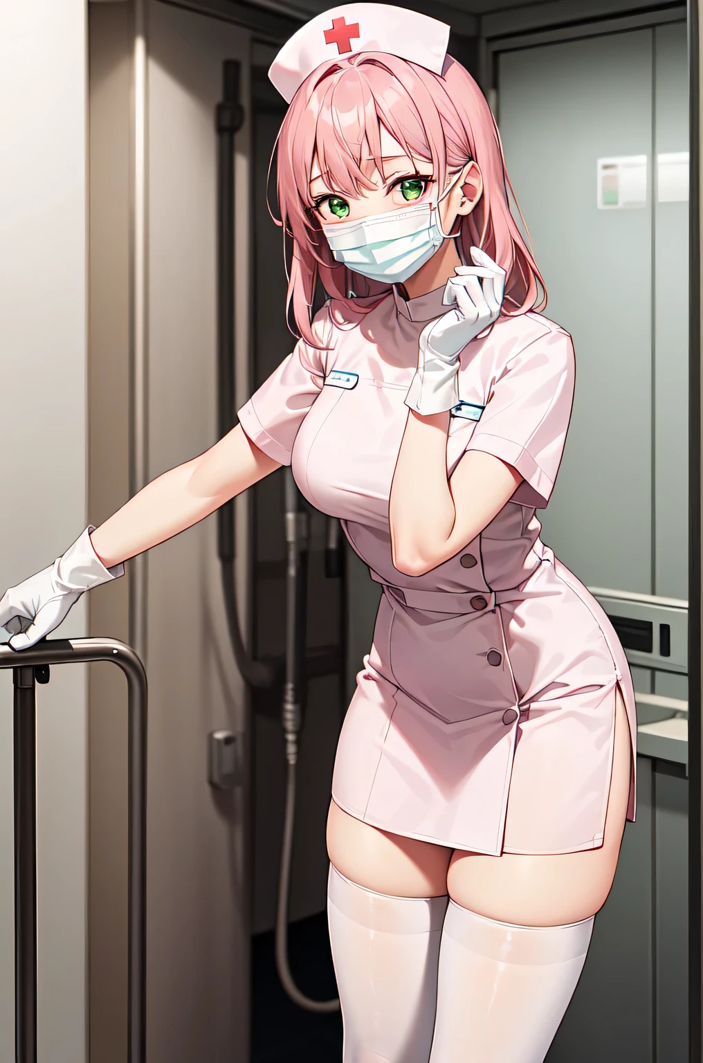 1woman, solo, nurse, white nurse cap, white nurse uniform, ((white legwear, zettai ryouiki)), white gloves, pink hair, green eyes, drooping eyes, ((white surgical mask, covered nose)), standing, ((hospital room)), sharp outline, short sleeves, mature female, 32 years old, best quality, masterpiece