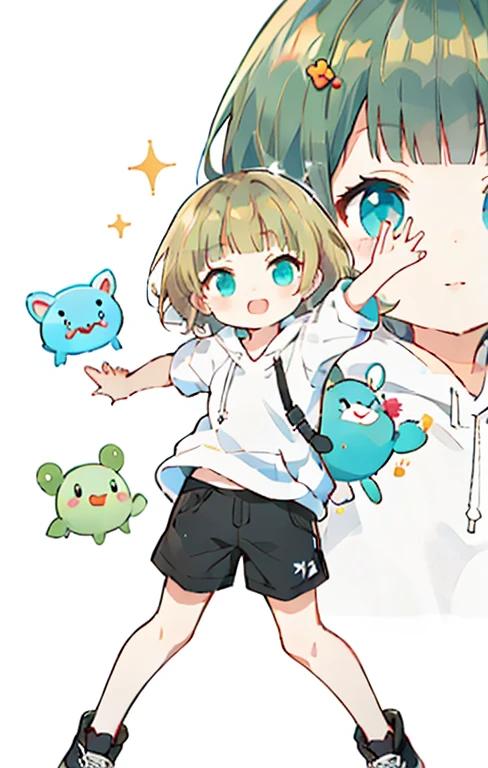 Blonde hair, short hair, turquoise eyes, plain white hoodie, black shorts, black sneakers,
Anime girl with stuffed Pikmin toys and other stuffedPikmin in arms, Splash art anime , , decora inspired illustrations,  Best anime Konachan wallpapers, Detailed fanart, by Kamagurka, An anime cover, There is a cute Pikmin