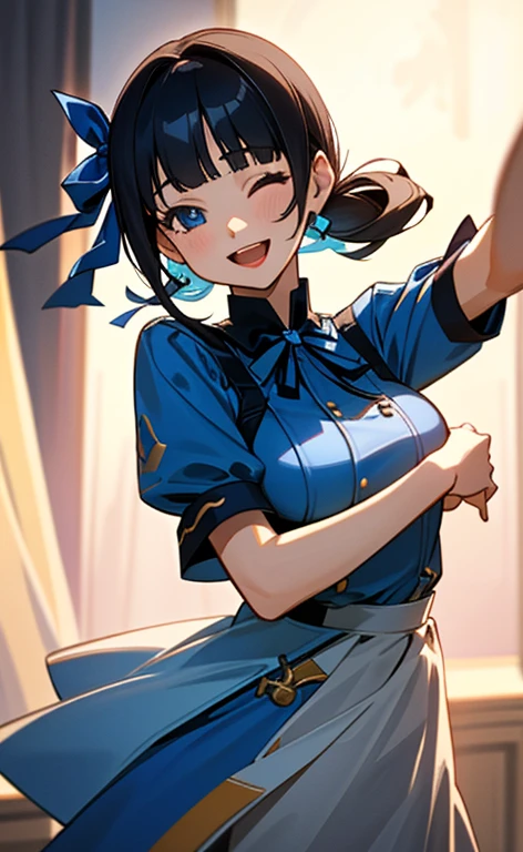 Browsing Caution,​(Highest quality, 8k, masterpiece:1.3,beautiful girl), (Very detailed)Glowing Skin,(((Long Hair,ponytail,Blue Ribbon,Beautiful Hair))),(Perfect Anatomy, Anatomically correct, Very detailed肌),((Golden Eyes,Drooping eyebrows,I narrowed my eyes a little...)),((Perfect Fingers,Five Fingers)), Baby Face, Mole under the eye,Double teeth,Big Breasts,Big Ass,high school girl,uniform,Moles around the mouth,smile,One eye closed,