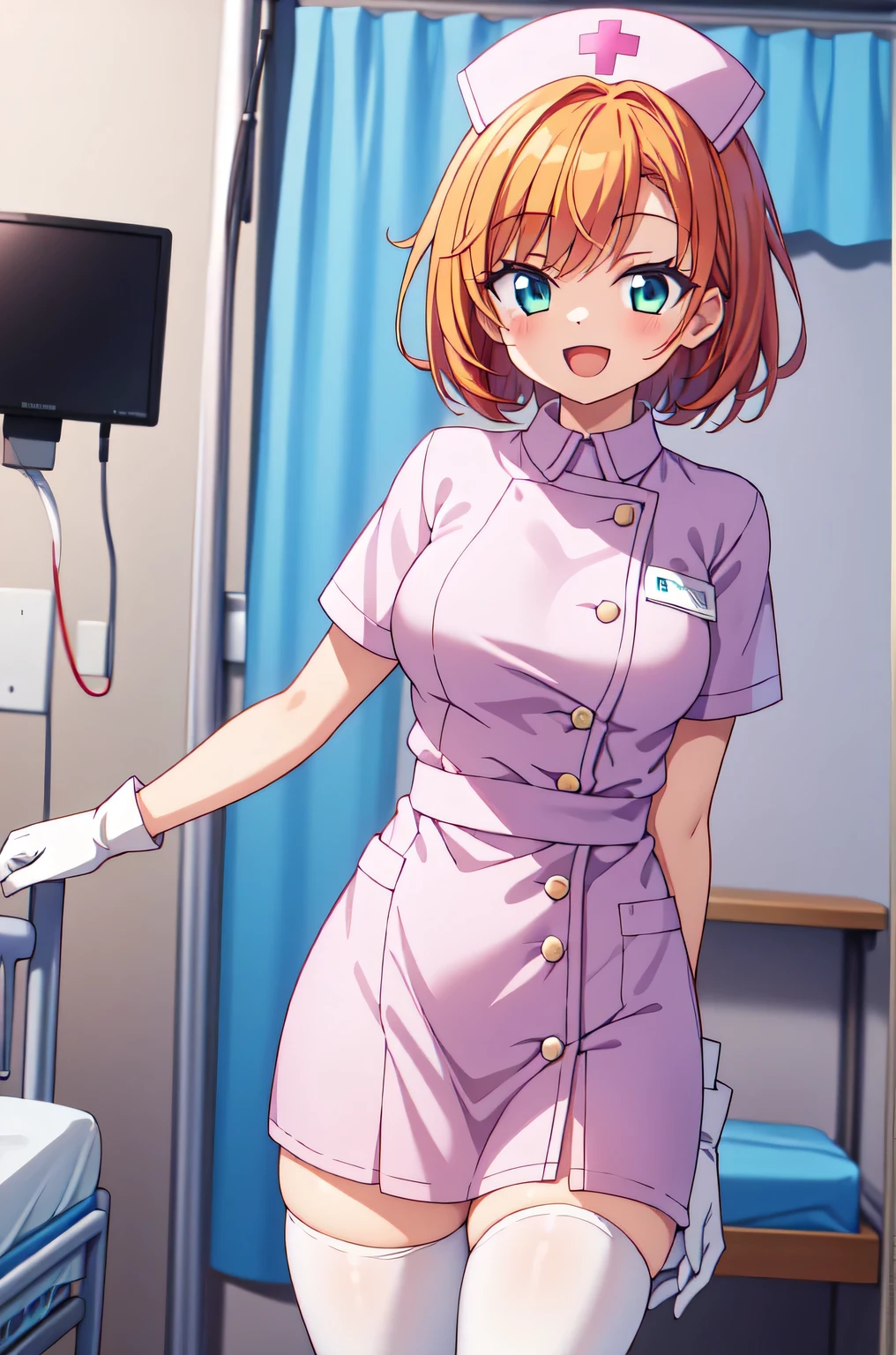 1girl, solo, nurse, nurse cap, white nurse uniform, ((white legwear, zettai ryouiki)), white gloves, very short hair, orange hair, smile, open mouth, standing, ((hospital room)), sharp outline, short sleeves, tomboy, boyish, best quality, masterpiece