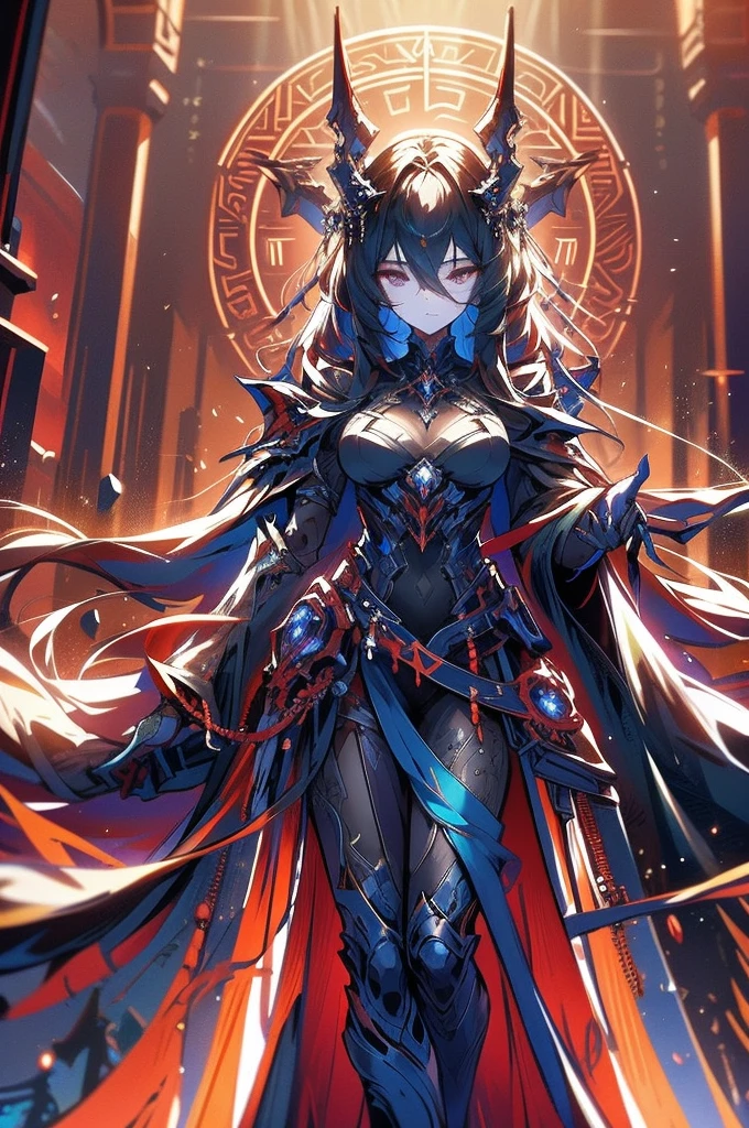 Within the stygian depths of a mythological starship hangar in a digital anime, an imposing figure looms. This digital painting captures a towering, shadowy being, covered in intricate metallic armor that gleams with an ethereal luminescence. The figure's eyes glow with an otherworldly intensity, and its outstretched hands crackle with dark energy. The image is beautifully rendered with rich, deep colors and intricate details, drawing the viewer into a realm of futuristic wonder and mystery.
