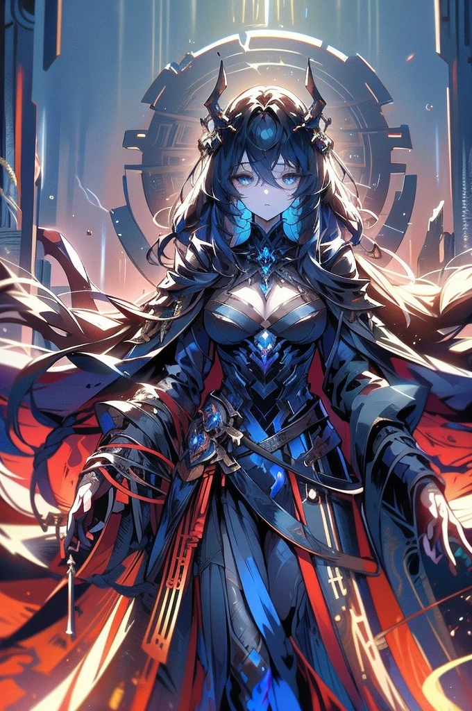 Within the stygian depths of a mythological starship hangar in a digital anime, an imposing figure looms. This digital painting captures a towering, shadowy being, covered in intricate metallic armor that gleams with an ethereal luminescence. The figure's eyes glow with an otherworldly intensity, and its outstretched hands crackle with dark energy. The image is beautifully rendered with rich, deep colors and intricate details, drawing the viewer into a realm of futuristic wonder and mystery.