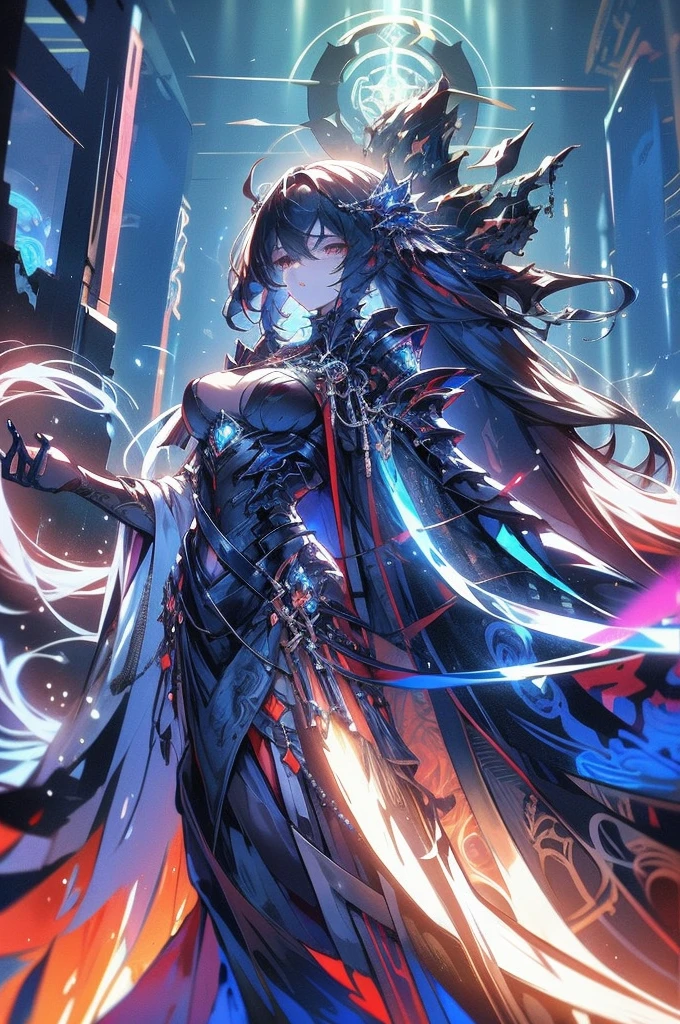 Within the stygian depths of a mythological starship hangar in a digital anime, an imposing figure looms. This digital painting captures a towering, shadowy being, covered in intricate metallic armor that gleams with an ethereal luminescence. The figure's eyes glow with an otherworldly intensity, and its outstretched hands crackle with dark energy. The image is beautifully rendered with rich, deep colors and intricate details, drawing the viewer into a realm of futuristic wonder and mystery.