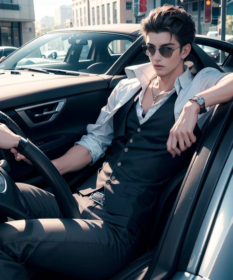 The best quality of artSuper fine detailsSuper era cool 18 year old male model, car close-up, super time, handsome, men's car model, muscular and slim, coordinated body shape, big eyes, glass pure beauty, car in front, dark light, car model, leaning against a car naked with exposed penis crotch, wearing open vest, with sunglasses, necklaslce and bracelet. Romatic sex and very handsome.