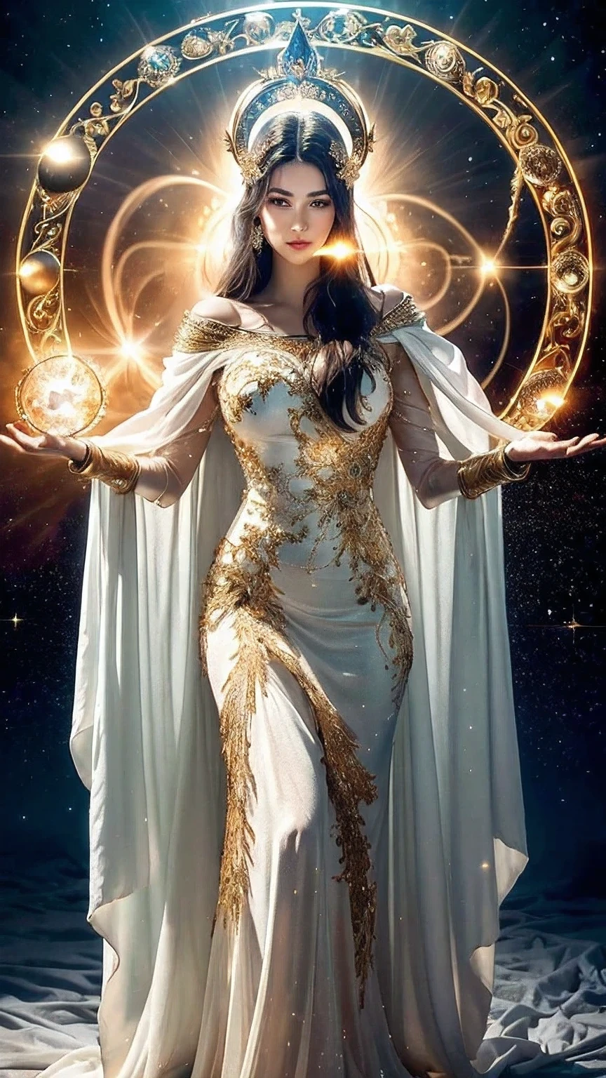 masterpiece, best quality, ultra detailed, realistic, Greek Mythology, fantasy, stunningly beautiful Latin woman, looking at viewer, beautiful eyes, beautiful face, slight smile, legendary existence, gorgeous intricately detailed dress, full body shot, mythical world, golden ornaments, white cloak, meditation, symmetrical, divine halo, magic circle, solar eclipse, Nebula, no zoom