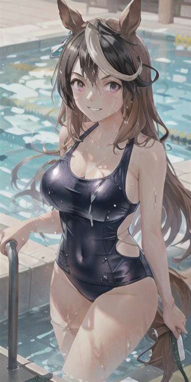 symboli rudolf \(umamusume\), one piece pink swimsuit, large , thighs, swimming pool, (soaking wet:1.2), smiling