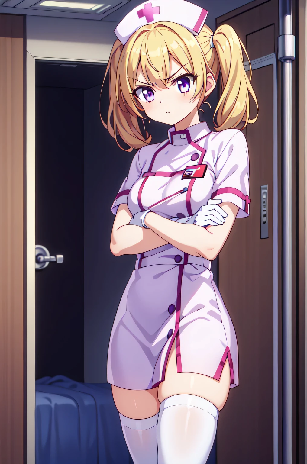 1girl, solo, nurse, nurse cap, white nurse uniform, ((white legwear, zettai ryouiki)), white gloves, twintails, yellow hair, purple eyes, angry, crossed arms, standing, ((hospital room)), sharp outline, short sleeves, best quality, masterpiece