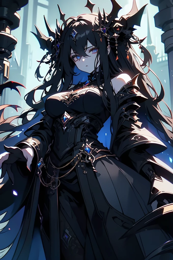 Within the stygian depths of a mythological starship hangar in a digital anime, an imposing figure looms. This digital painting captures a towering, shadowy being, covered in intricate metallic armor that gleams with an ethereal luminescence. The figure's eyes glow with an otherworldly intensity, and its outstretched hands crackle with dark energy. The image is beautifully rendered with rich, deep colors and intricate details, drawing the viewer into a realm of futuristic wonder and mystery.