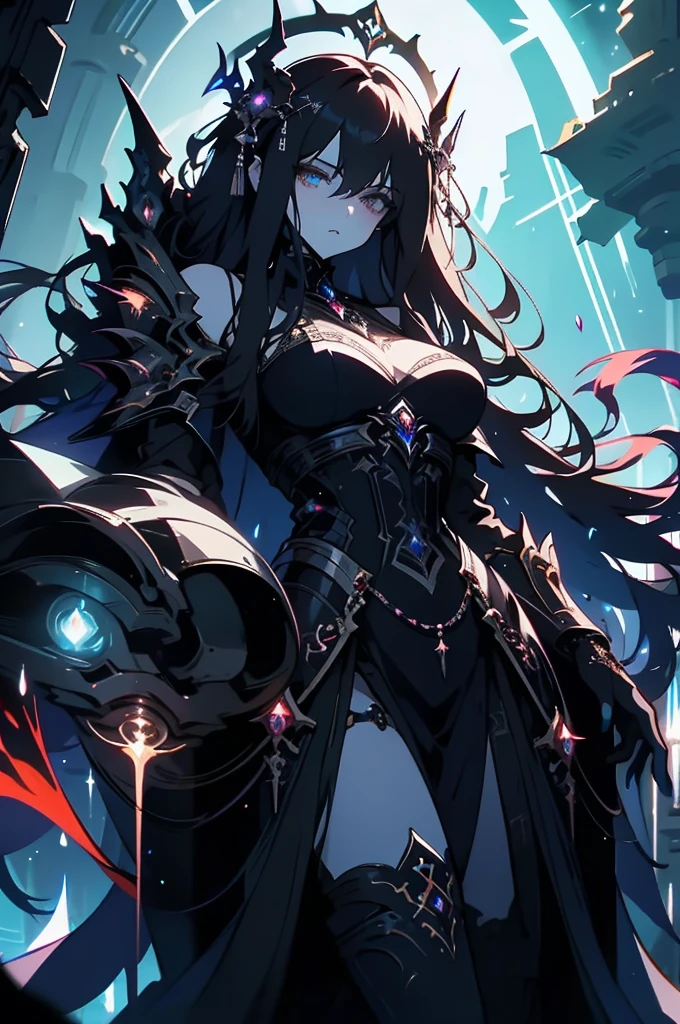 Within the stygian depths of a mythological starship hangar in a digital anime, an imposing figure looms. This digital painting captures a towering, shadowy being, covered in intricate metallic armor that gleams with an ethereal luminescence. The figure's eyes glow with an otherworldly intensity, and its outstretched hands crackle with dark energy. The image is beautifully rendered with rich, deep colors and intricate details, drawing the viewer into a realm of futuristic wonder and mystery.